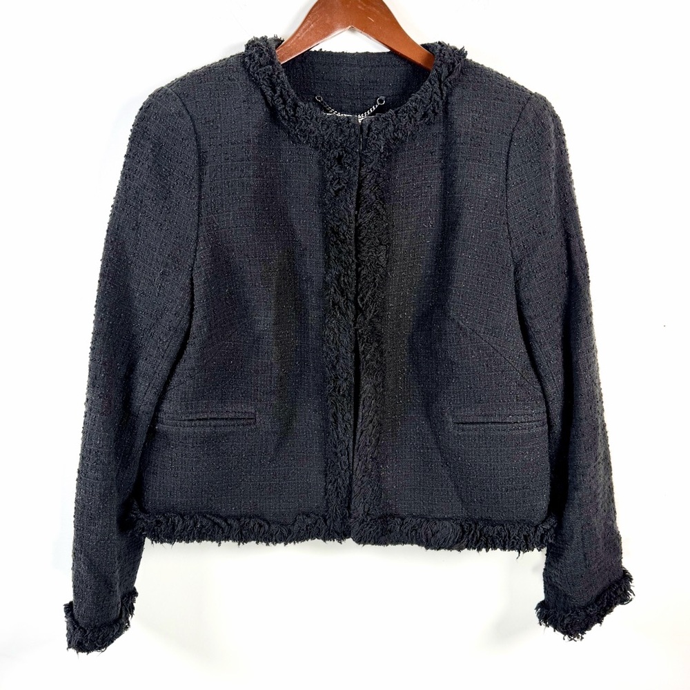 L.K BENNETT LONDON Black Cotton Tweed Cropped Open Front Jacket With Fringe